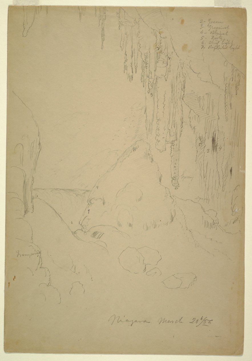 Tekening, ijs, Niagara watervallen, 20 maart 1856 door Frederic Edwin Church
