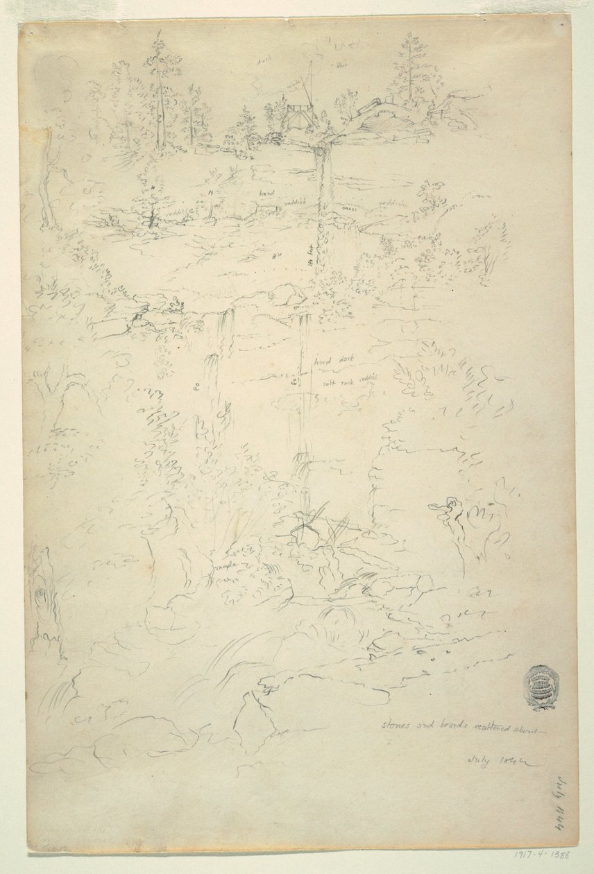 Tekening, Kaaterskill watervallen, Catskill gebergte, New York, juli 1844 door Frederic Edwin Church