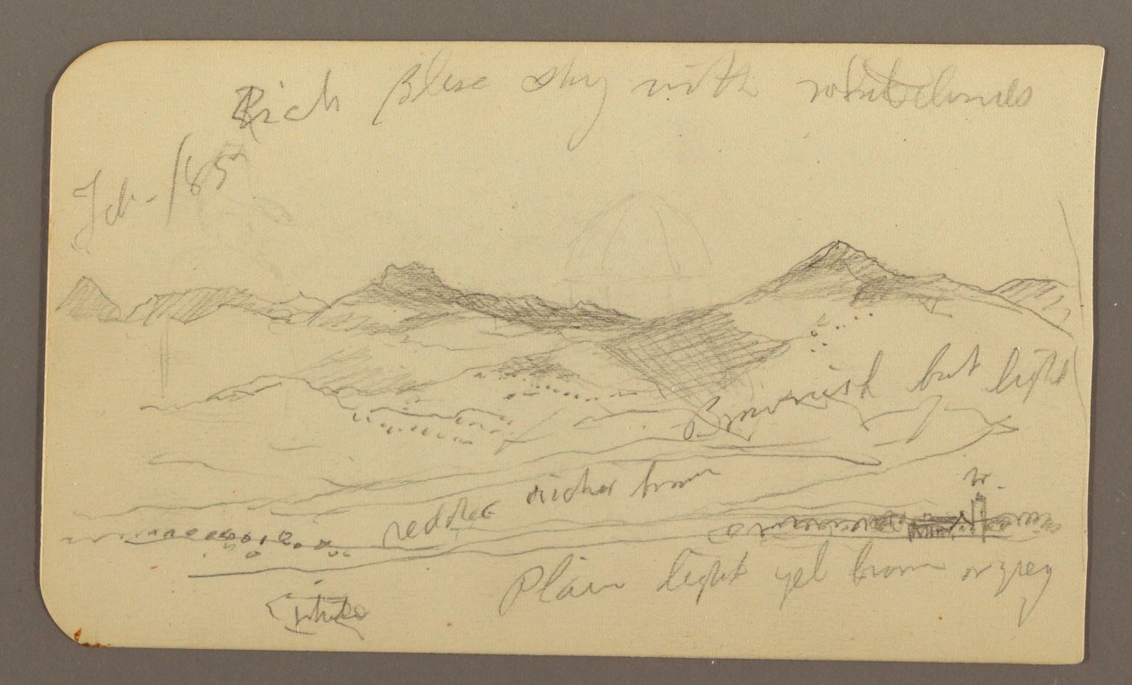 Tekening, Landschap, huizen; Verso: Boomtop, februari 1885 door Frederic Edwin Church