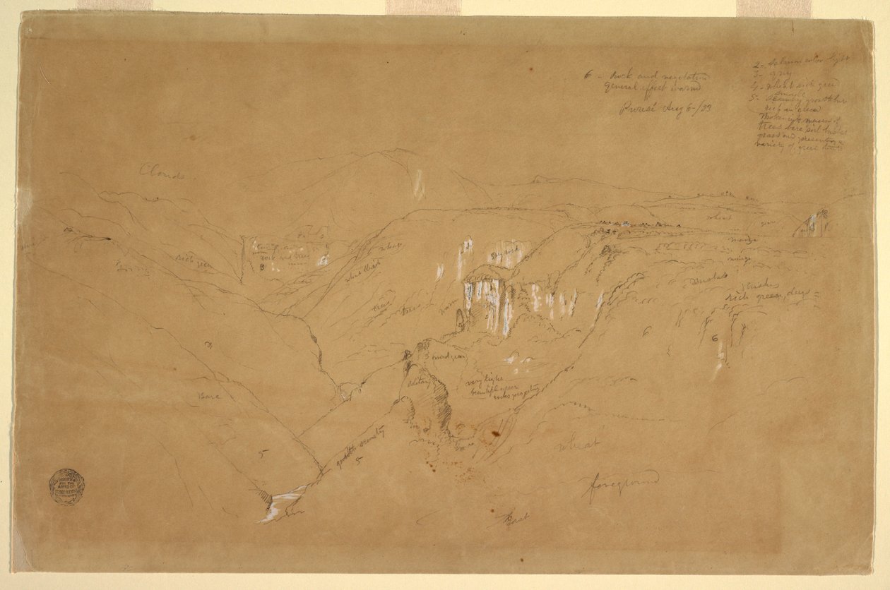 Tekening, Landschap met de berg Purese, Colombia, 6 augustus 1853 door Frederic Edwin Church
