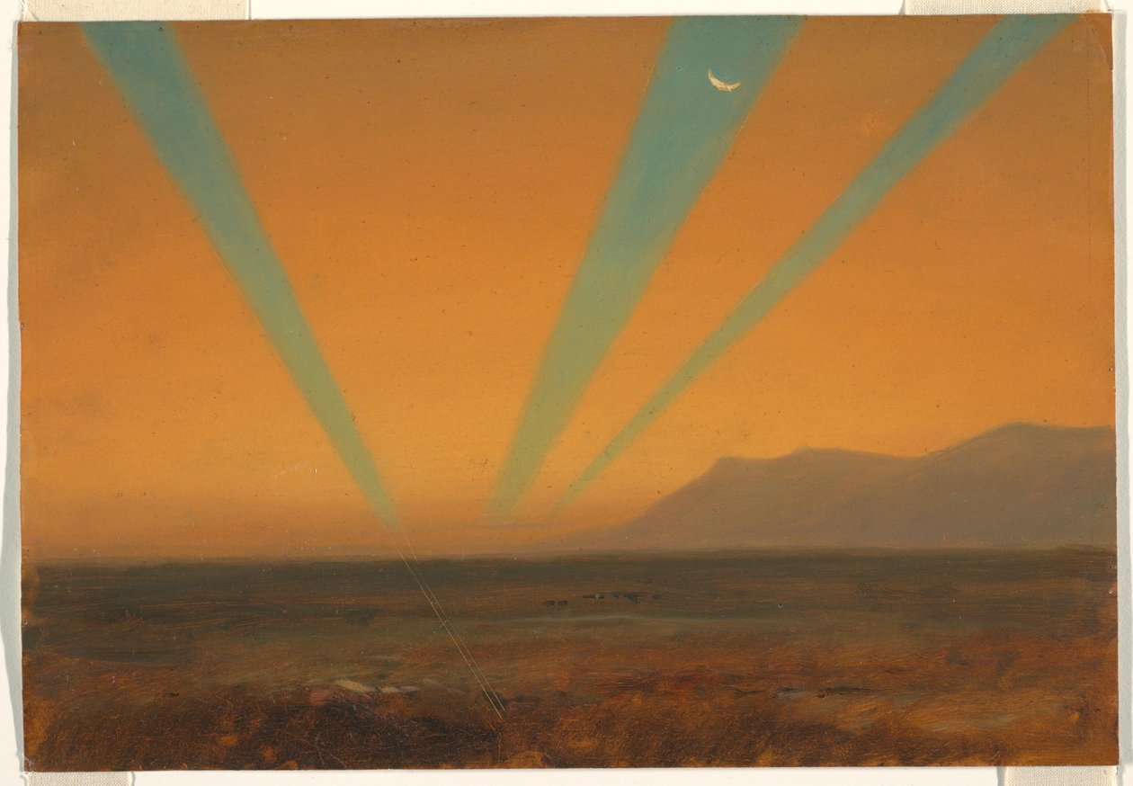 Tekening, Landschap met zonsondergang, 1860-70 door Frederic Edwin Church
