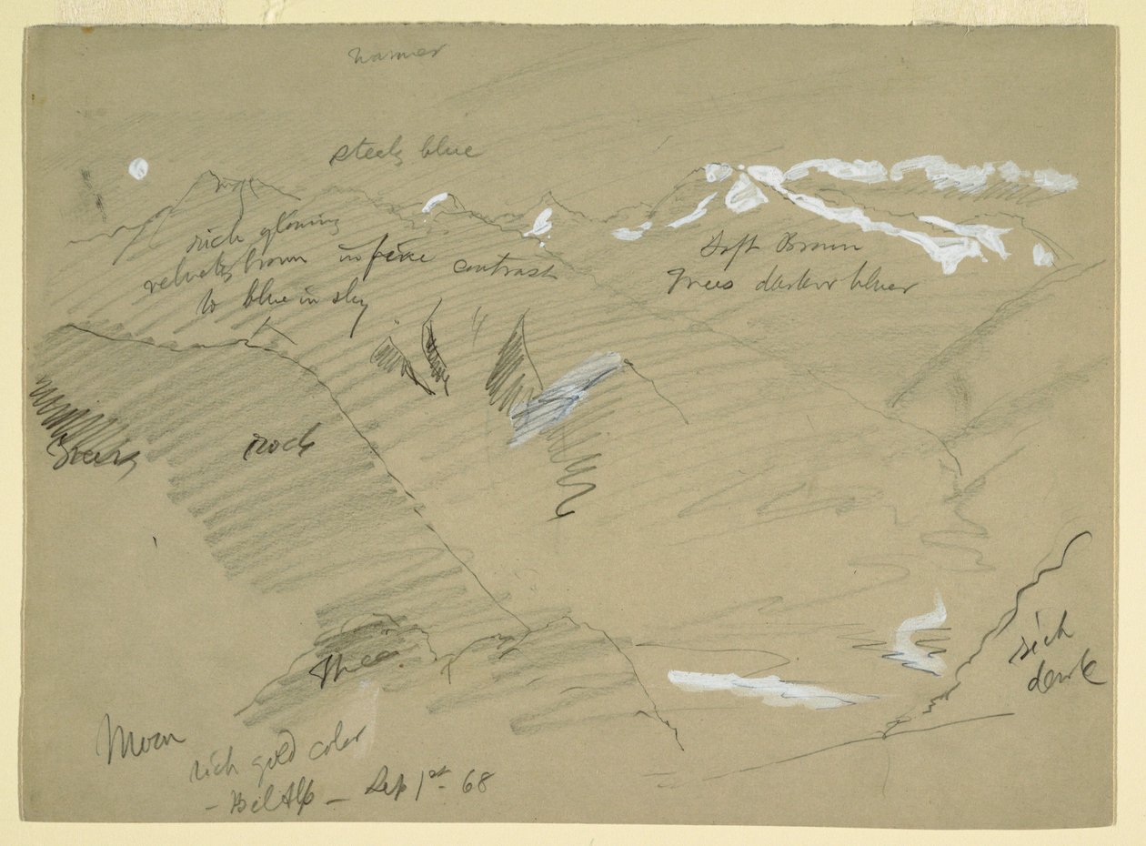 Tekening, Landschappen in de Berner Alpen, bij Bel Alp, Zwitserland, september 1868 door Frederic Edwin Church
