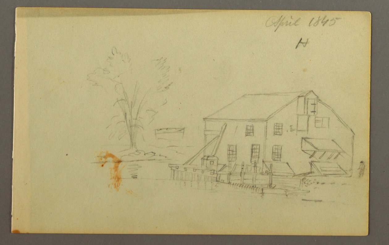 Tekening, Loftgebouw met werf naast een beek, 1845 door Frederic Edwin Church