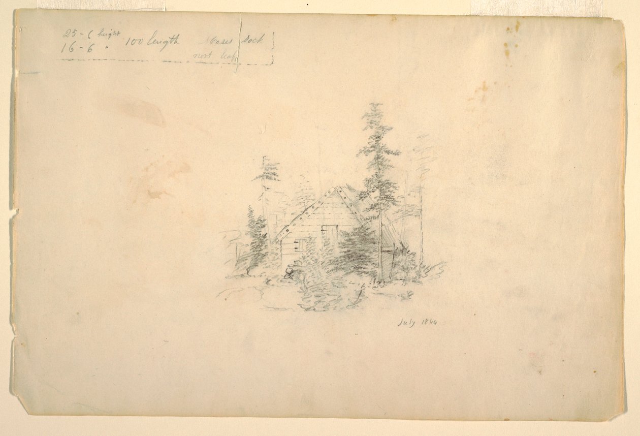 Tekening, blokhut omringd door bomen, juli 1844 door Frederic Edwin Church