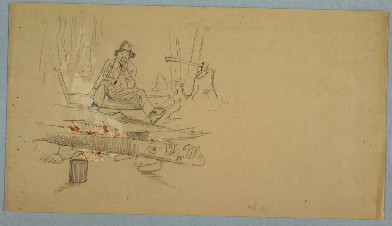 Tekening, Man kampeert in het bos, ca. 1855 door Frederic Edwin Church
