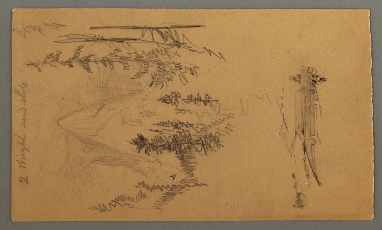 Tekening, Man in een boot, Rocky Peak over Pines, mogelijk 1868 door Frederic Edwin Church