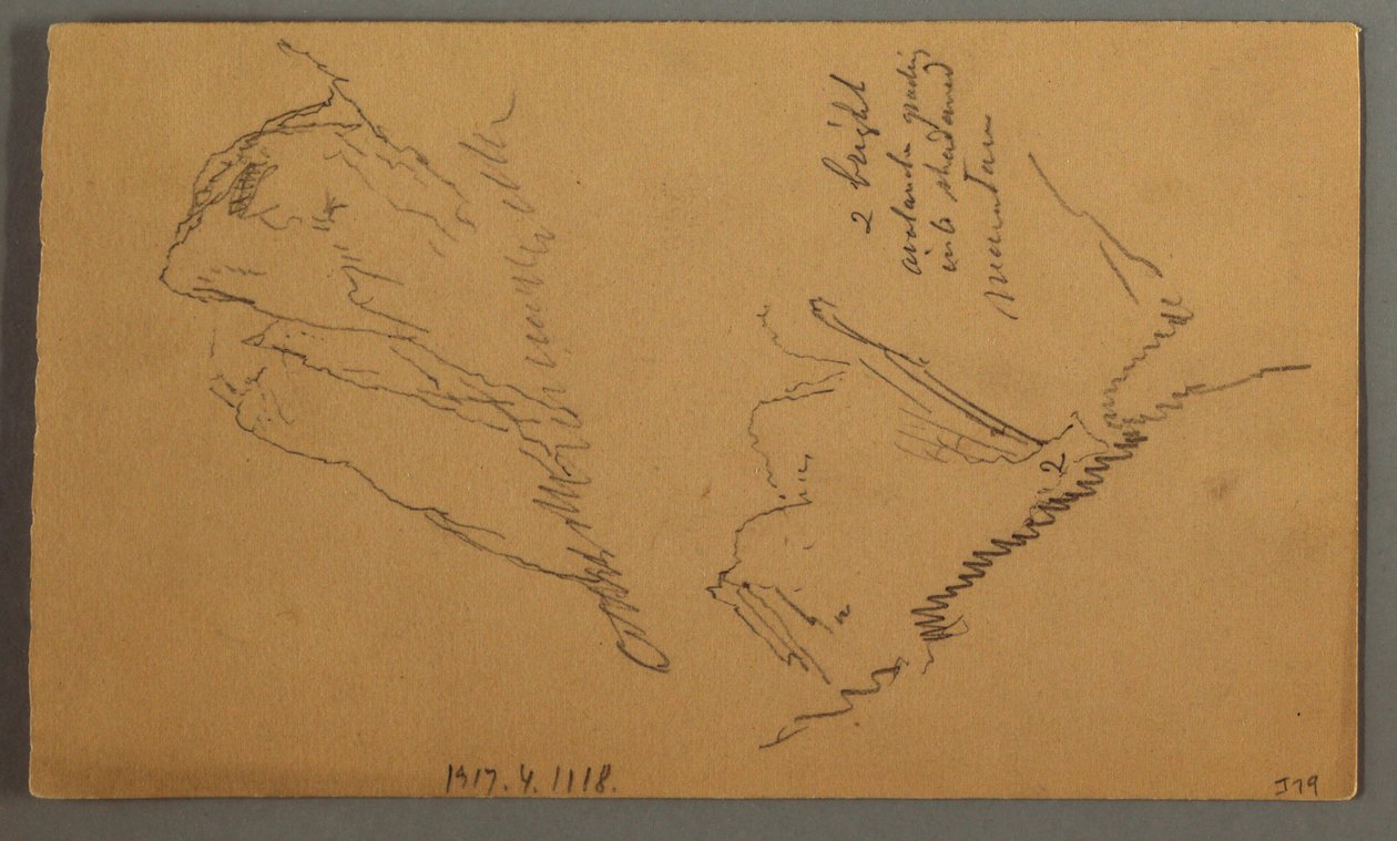 Tekening, Man in een boot, Rocky Peak over Pines, mogelijk 1868 door Frederic Edwin Church