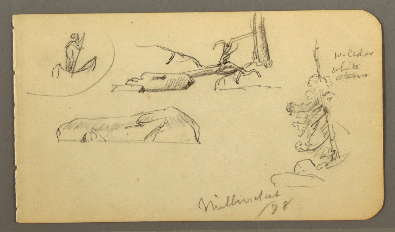 Tekening, Man in boot, rotsblokken, boomstam, bomen, 1878 door Frederic Edwin Church