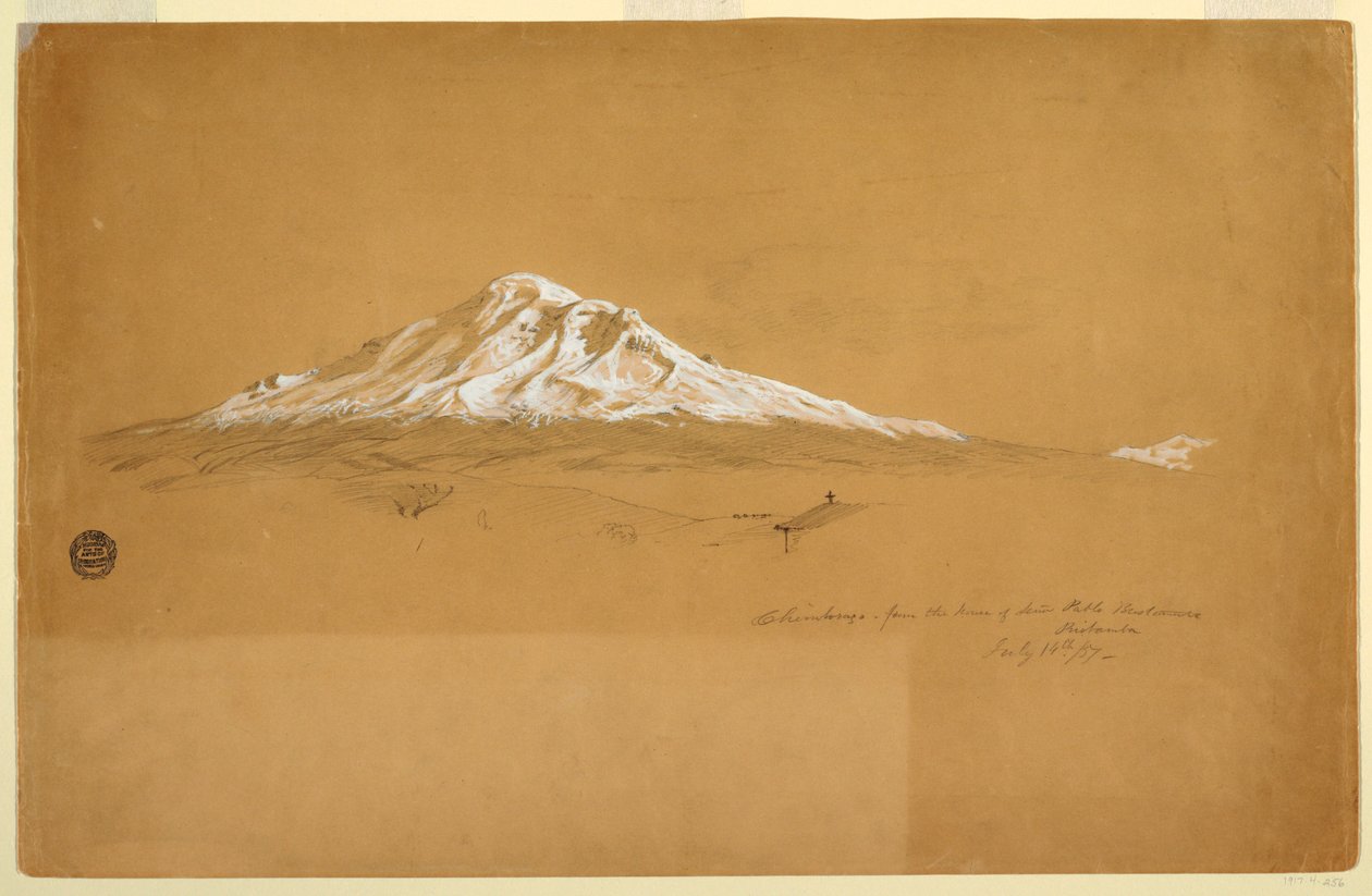 Tekening, Mount Chimborazo vanuit het huis van Senior Pablo Bustamante, Riobamba, Ecuador, 14 juli 1857 door Frederic Edwin Church