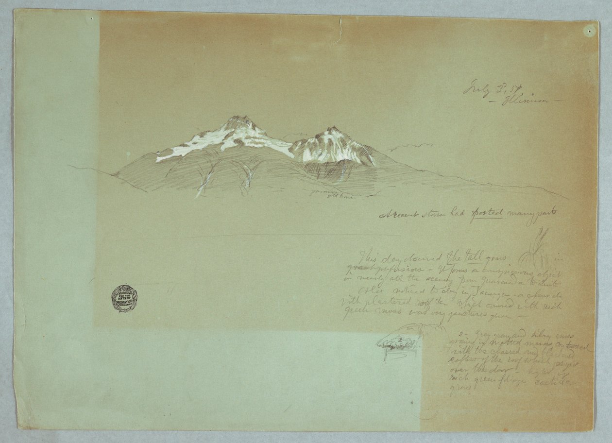 Tekening, berg Iliniza, Ecuador, 3 juli 1857 door Frederic Edwin Church