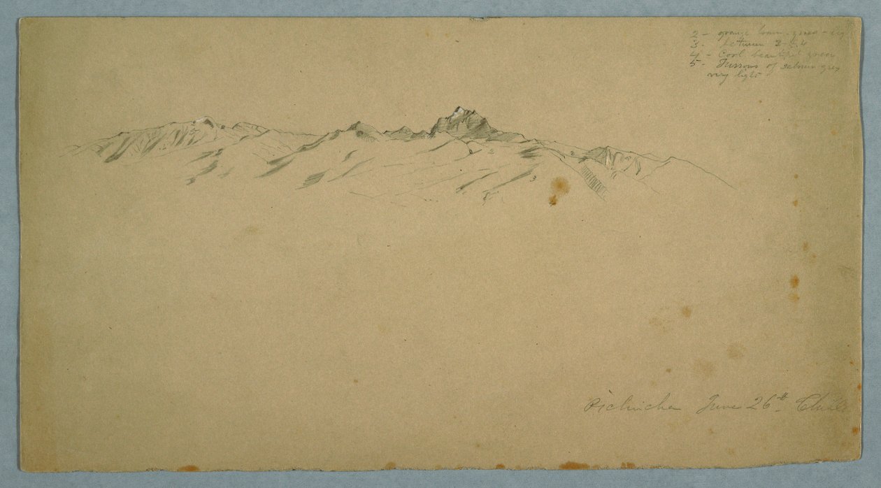 Tekening, de berg Pichincha vanuit Chillo, Ecuador, 26 juni 1857 door Frederic Edwin Church