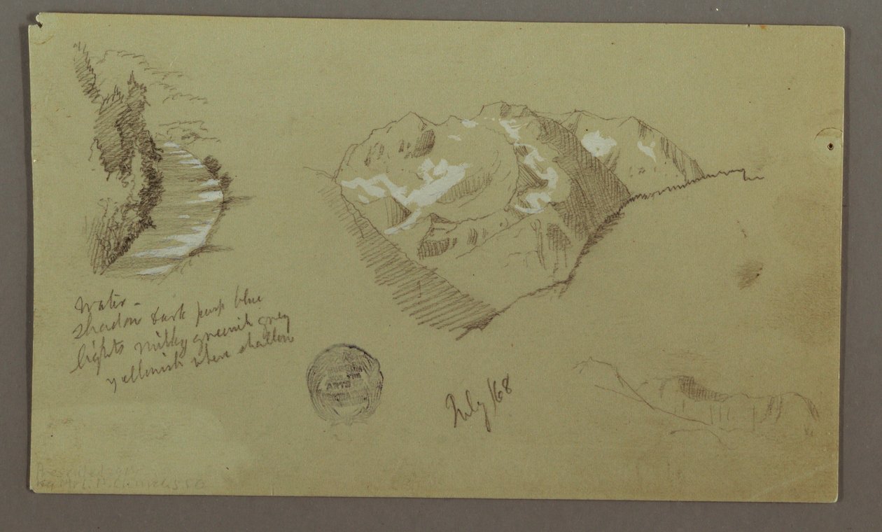 Tekening, Bergtoppen, Rivier, juli 1868 door Frederic Edwin Church
