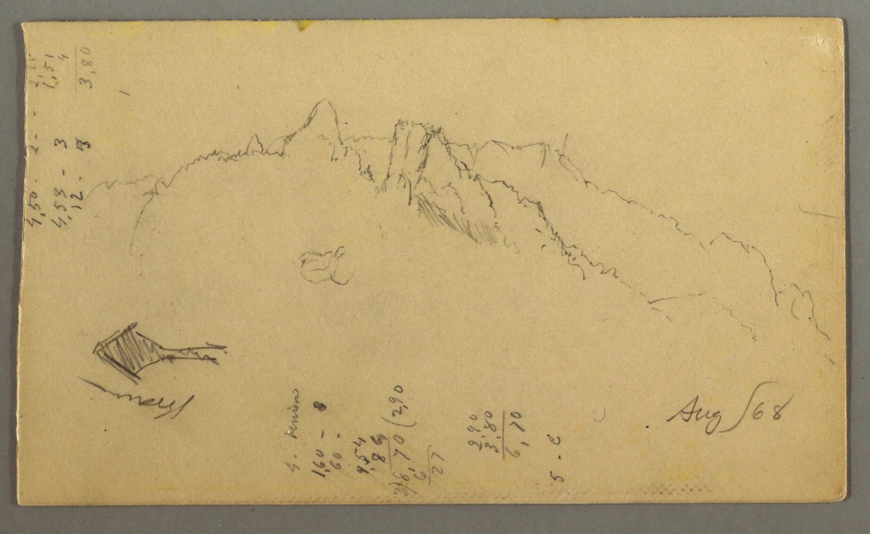 Tekening, Bergtoppen, heiligdom langs de weg, augustus 1868 door Frederic Edwin Church