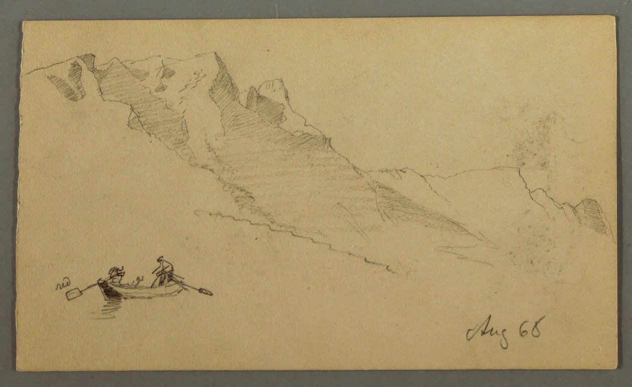 Tekening, Bergtoppen, twee figuren in een roeiboot, augustus 1868 door Frederic Edwin Church