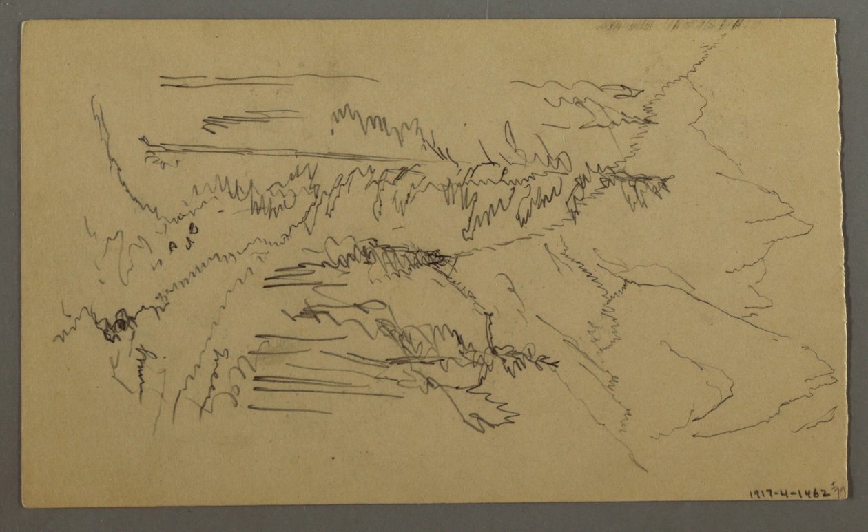 Tekening, Bergtoppen, twee figuren in een roeiboot, augustus 1868 door Frederic Edwin Church