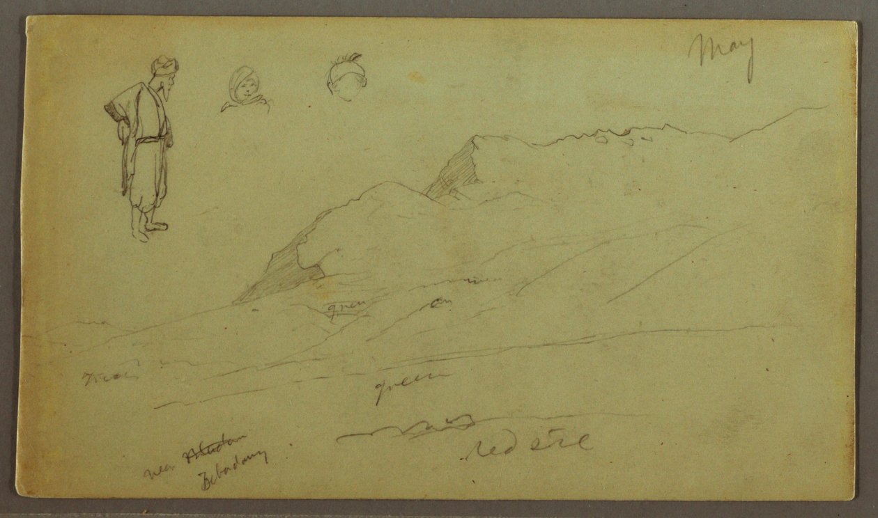 Tekening, Bergketen, Figuurstudies, mei mogelijk 1868 door Frederic Edwin Church