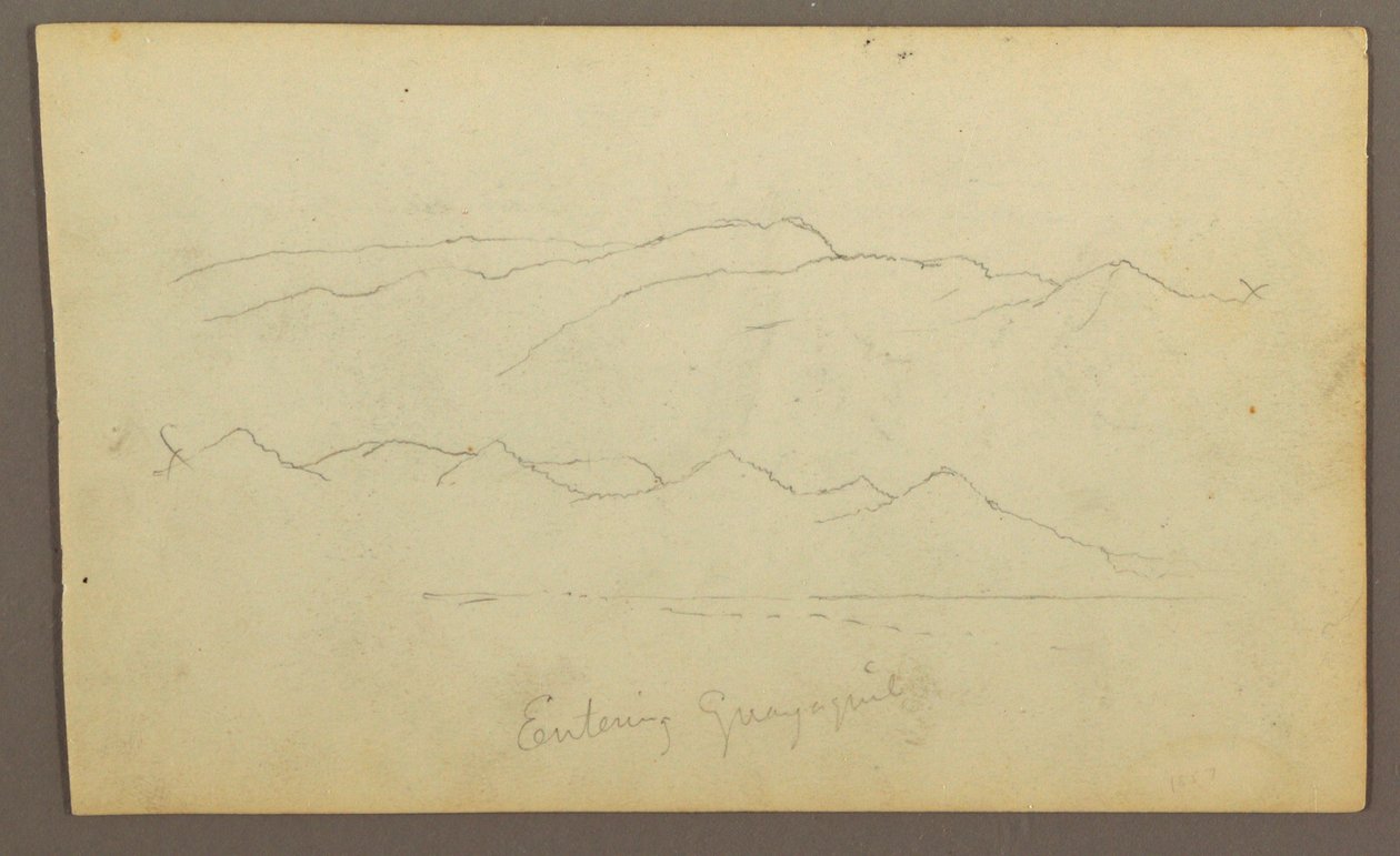Tekening, Mountain Ranges "entering Guayaquil"; Verso: River Bank, Botanical Sketches, mogelijk 1857 door Frederic Edwin Church