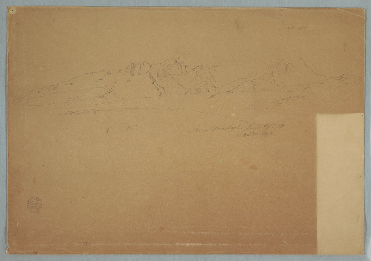 Tekening, Bergketens met ruige toppen, bij Machachi, Ecuador, 19 juni 1857 door Frederic Edwin Church