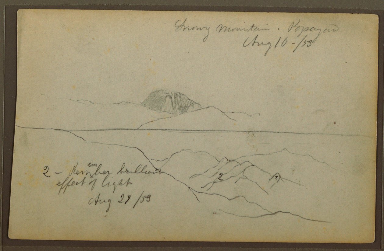 Tekening, Bergen, Popayan, Colombia, augustus 1853 door Frederic Edwin Church