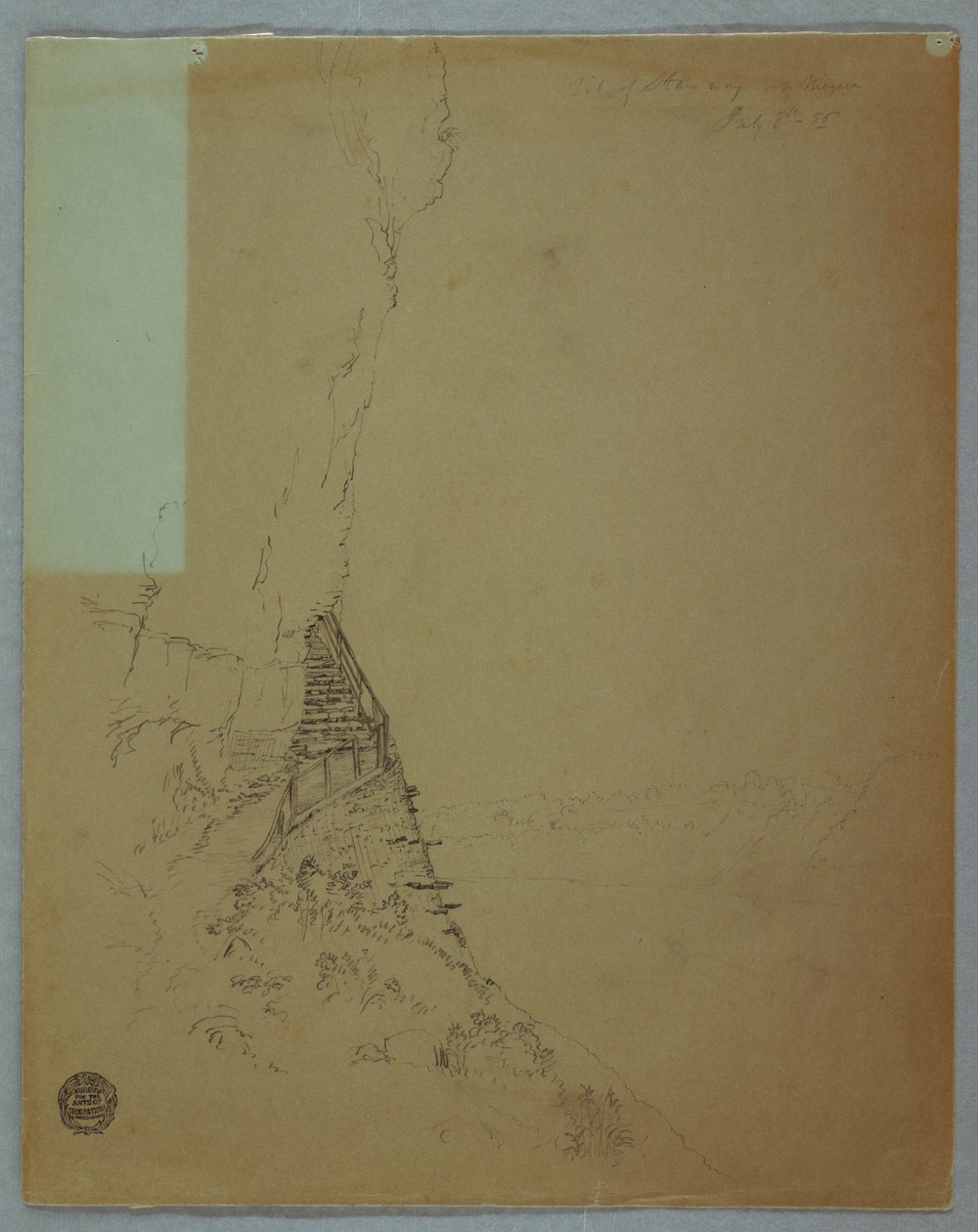 Tekening, Niagara watervallen: "Beetje van een trap bij Niagara", juli 1856 door Frederic Edwin Church