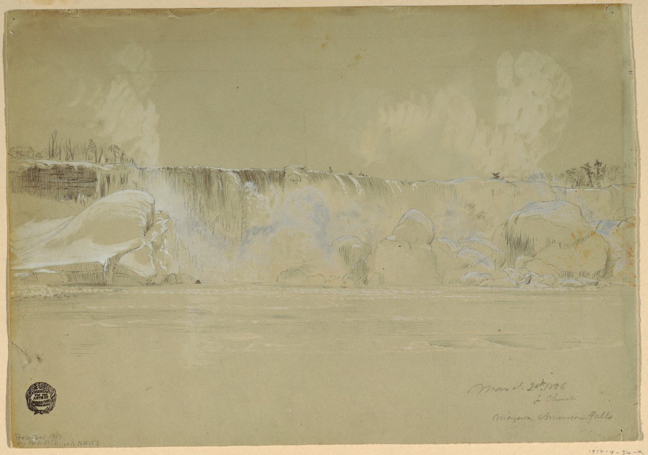 Tekening, Niagara watervallen in sneeuw, vanuit het noordwesten, 20 maart 1856 door Frederic Edwin Church