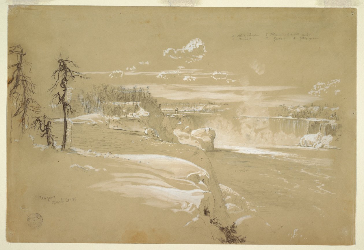 Tekening, Niagara watervallen in de winter, 21 maart 1856 door Frederic Edwin Church