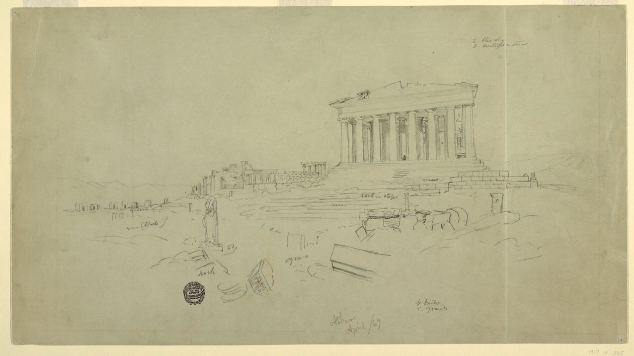 Tekening, Parthenon en Erectheion, Athene, april 1869 door Frederic Edwin Church