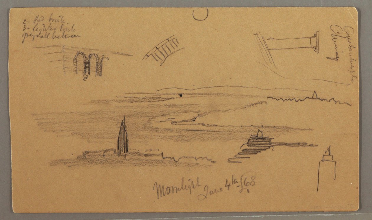 Tekening, vlakten, architectuurstudies, 4 juni 1868 door Frederic Edwin Church