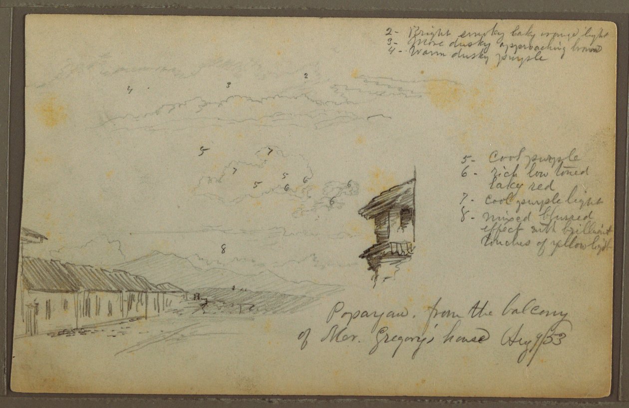 Tekening, Popayan, Colombia; Verso: Berglandschap, Colombia, 9 augustus 1853 door Frederic Edwin Church