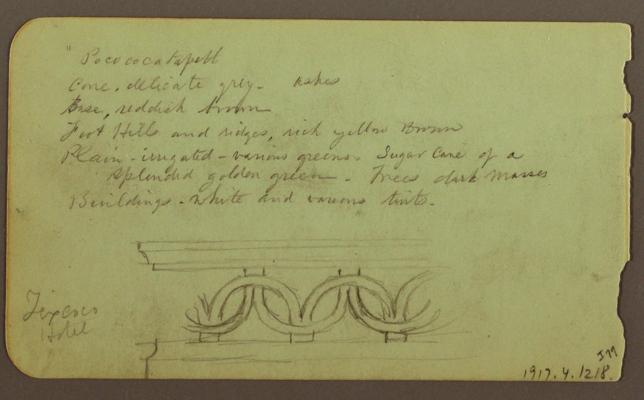 Tekening, Popocatapel; Verso: Fries op Texcoco Hotel, 18 december 1883 door Frederic Edwin Church