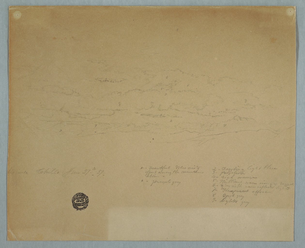 Tekening, Regen uit een bewolkte hemel boven bergruggen, Hacienda Chillo, Ecuador, 27 juli 1857 door Frederic Edwin Church