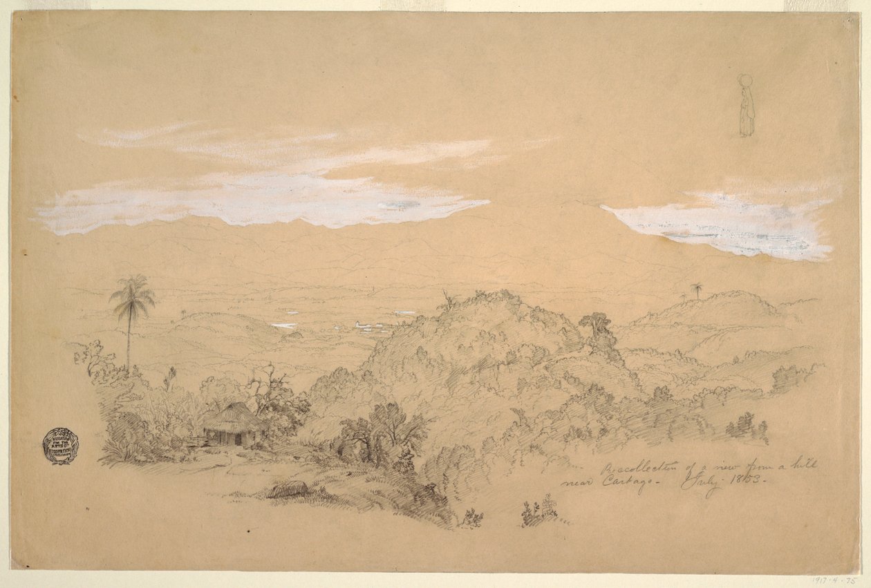 Tekening, Recollections of a View from a Hill near Cartago, Colombia with a Woman Carrying a Water Jar on Her Head, juli 1853 door Frederic Edwin Church