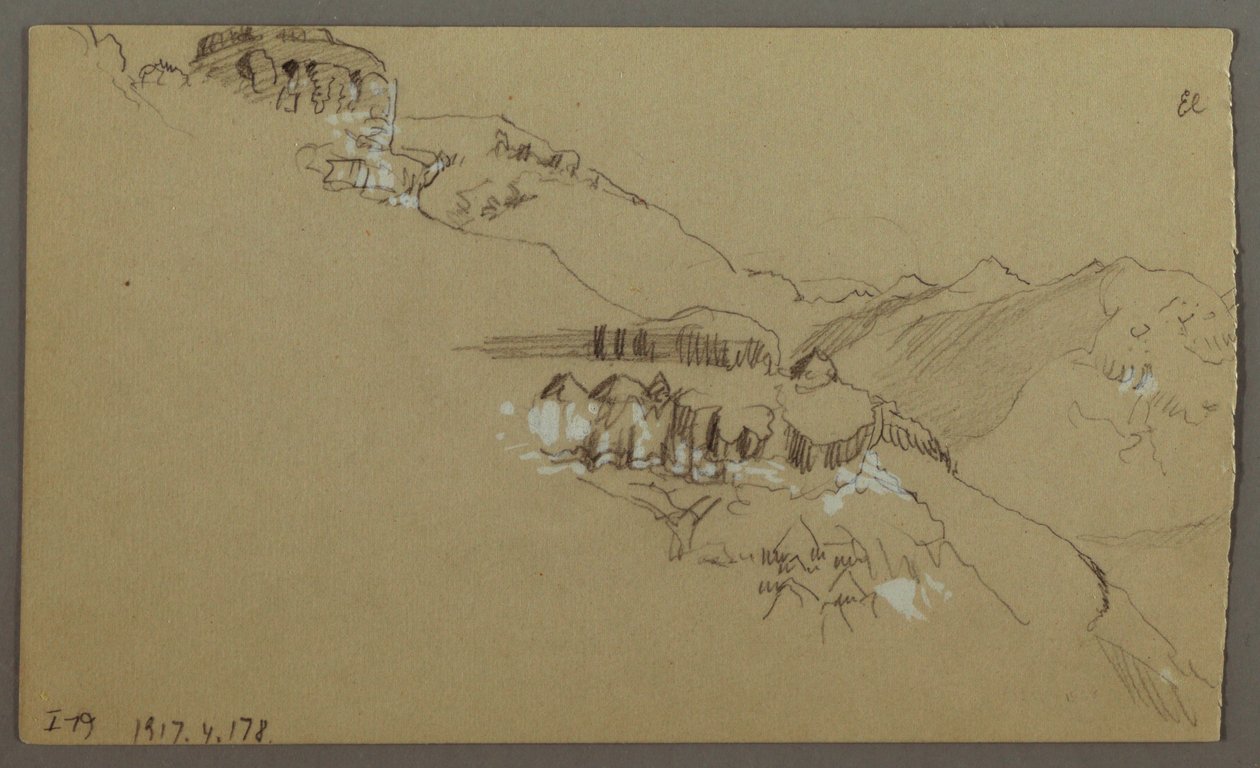 Tekening, rechterdeel van een schets van de El Yemen-vallei, Arabië: Ver uitzicht, 20 februari 1868 door Frederic Edwin Church