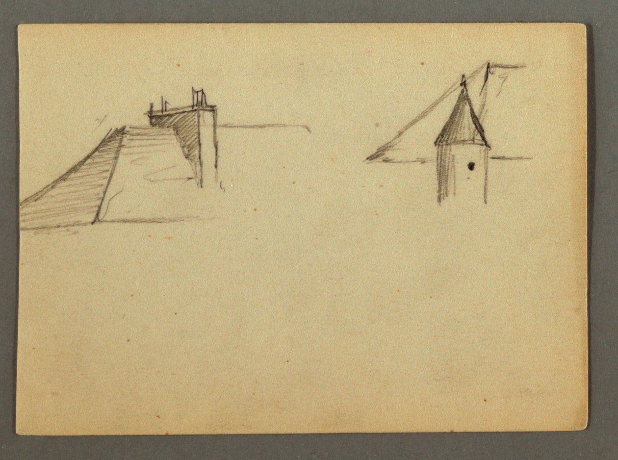 Tekening, dak met schoorsteen, torentje, mogelijk 1868 door Frederic Edwin Church