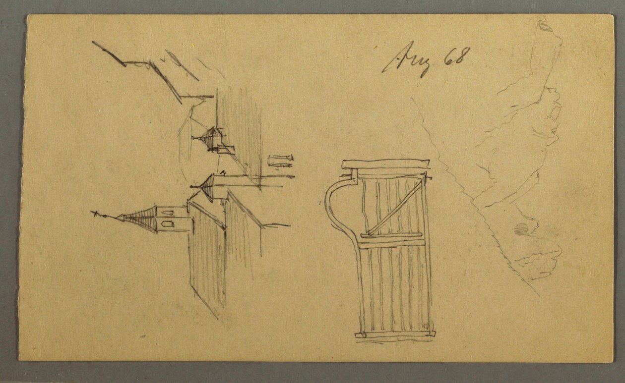 Tekening, daken, poort, bergtoppen, augustus 1868 door Frederic Edwin Church