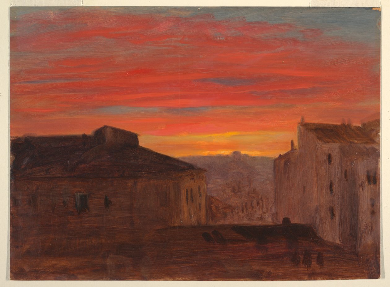 Tekening, daken bij zonsondergang vanaf de Pincio, Rome, eind 1868 of begin 1869 door Frederic Edwin Church