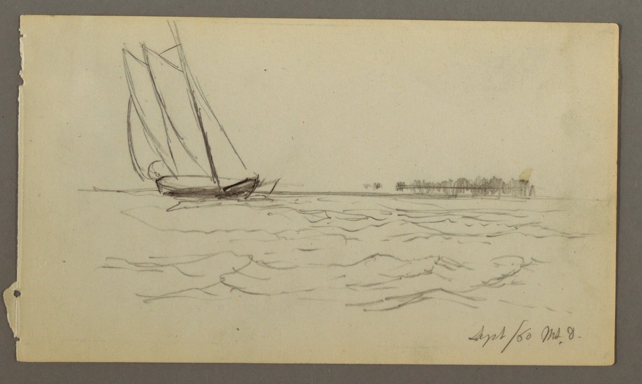 Tekening, Zeilboot op golven, 1860 door Frederic Edwin Church
