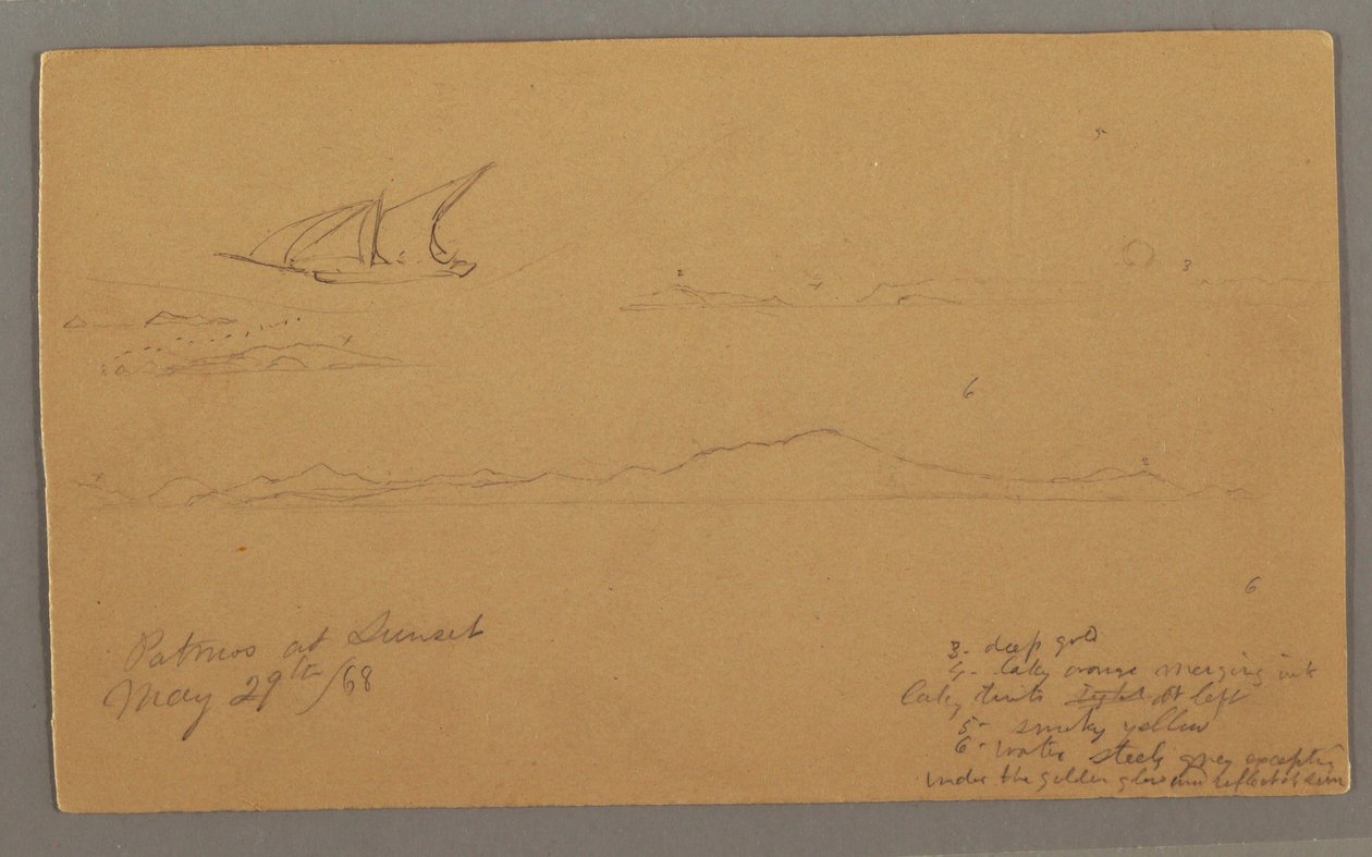 Tekening, Zeilschip, Bergachtige kust, Eilanden, 29 mei 1868 door Frederic Edwin Church