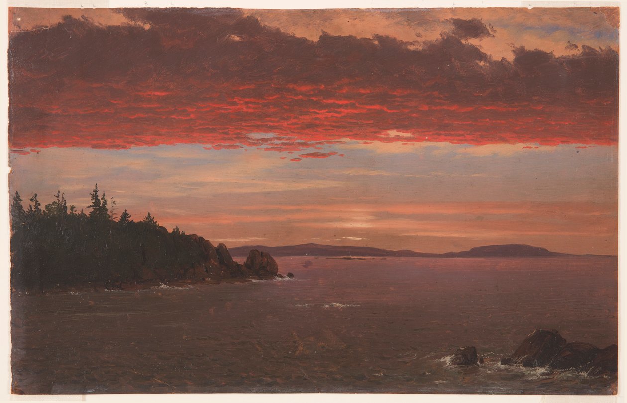 Tekening, Schoodic Peninsula vanaf Mount Desert bij zonsopgang, 1850-55 door Frederic Edwin Church