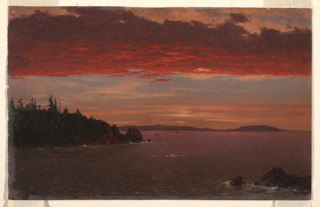 Tekening, Schoodic Peninsula vanaf Mount Desert bij zonsopgang, 1850-55 door Frederic Edwin Church