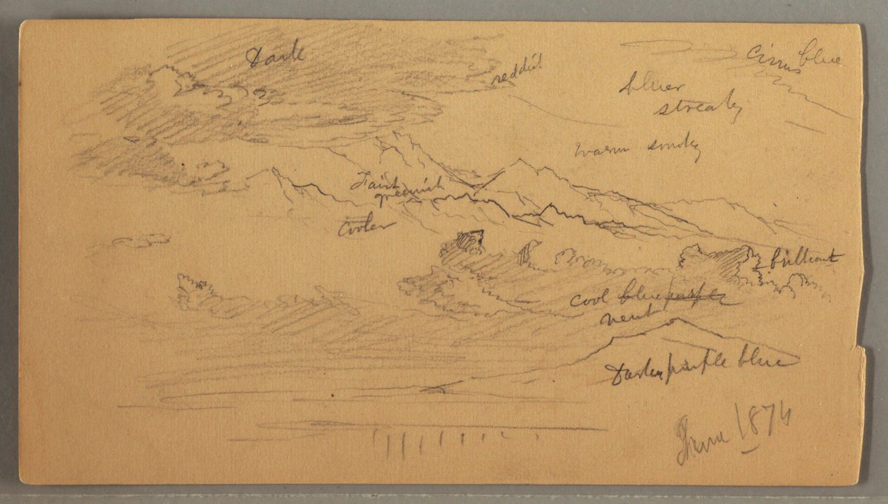Tekening, Scherpe bergtoppen, bewolkte lucht, juni 1874 door Frederic Edwin Church
