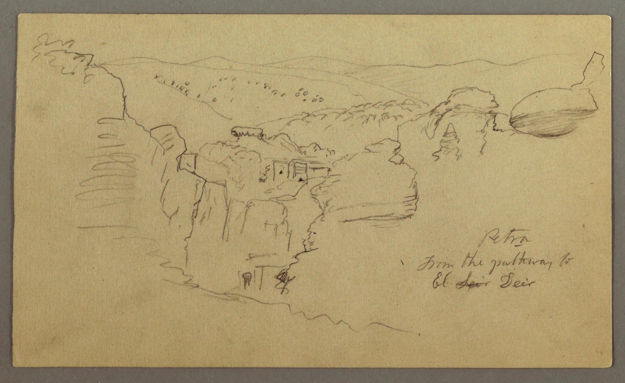 Tekening, Schets. Gezicht op Khirbet en Wasara "Petra / vanaf de weg naar / El Deir", mogelijk 1868, 26 februari door Frederic Edwin Church