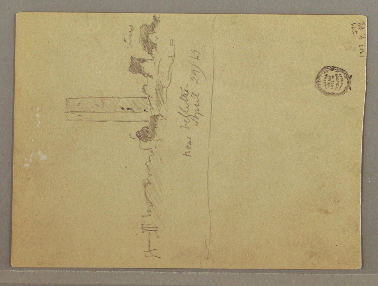 Tekening, Schetsen uit Italië: Gebouw met toren, berg en mens, 29 april 1869 door Frederic Edwin Church