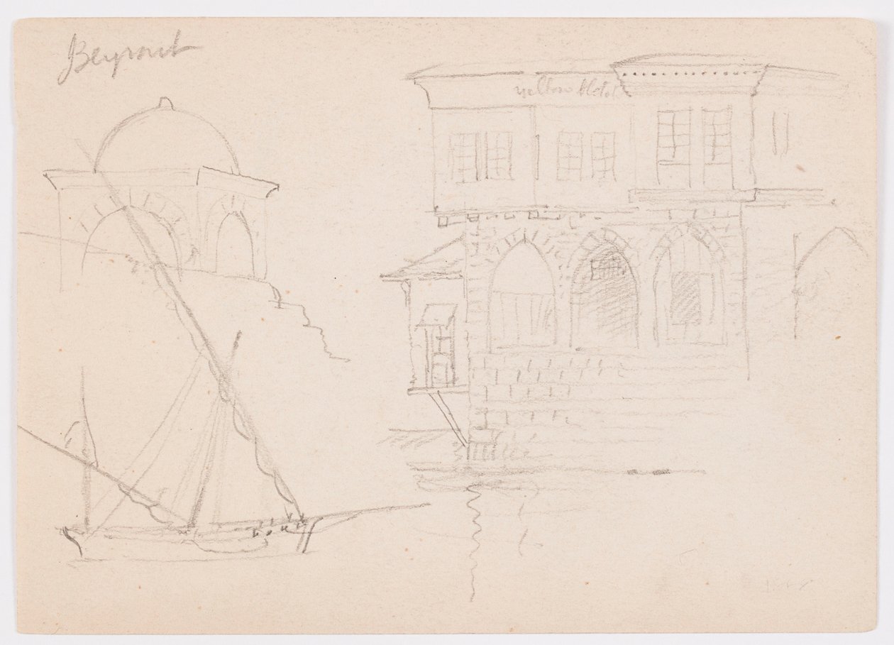 Tekening, Schetsen van een koepelstructuur, schip en statig huis, januari 1868 door Frederic Edwin Church
