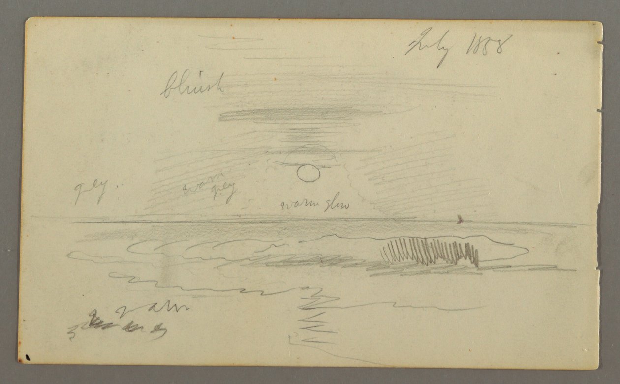 Tekening, Lucht met laagstaande zon boven water, juli 1858 door Frederic Edwin Church