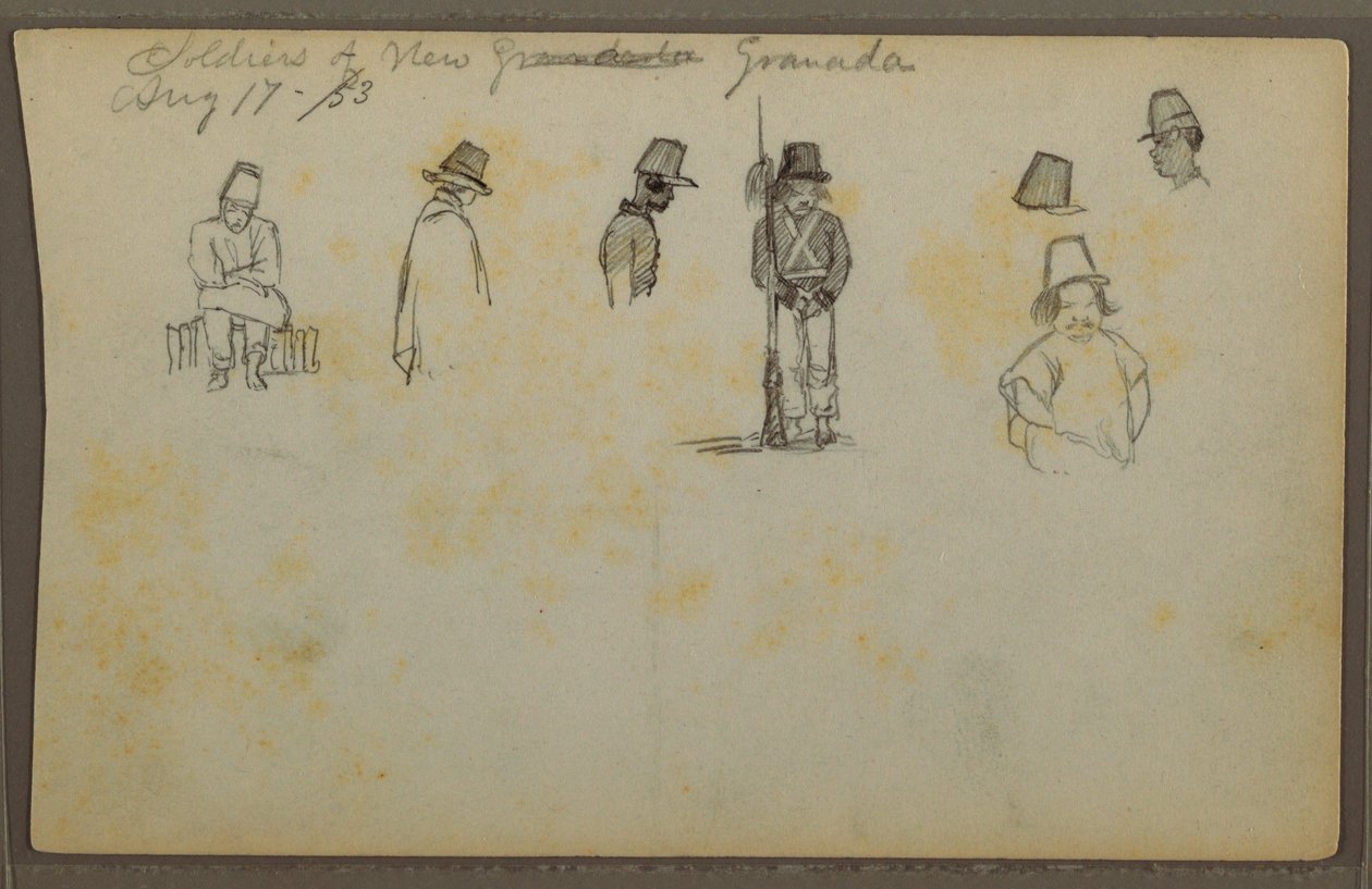 Tekening, Soldaten van Nieuw Granada, Colombia, 17 augustus 1853 door Frederic Edwin Church