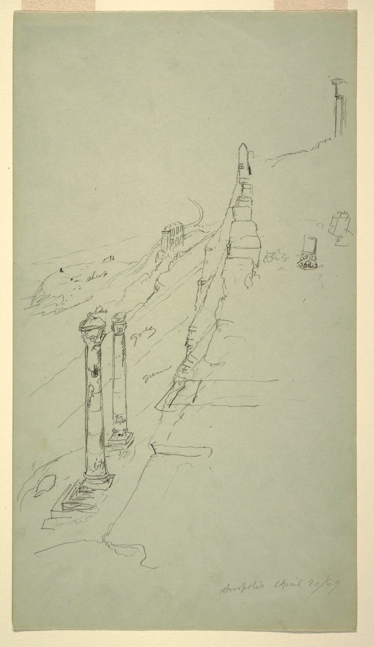 Tekening, zuidzijde van de Akropolis, Athene vanuit het oosten, 20 april 1869 door Frederic Edwin Church