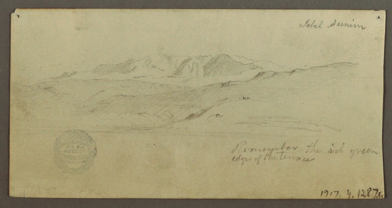 Tekening, Statig huis, figuur rijdt, kameel, architectuurstudies, palmboom, mogelijk 1868 door Frederic Edwin Church