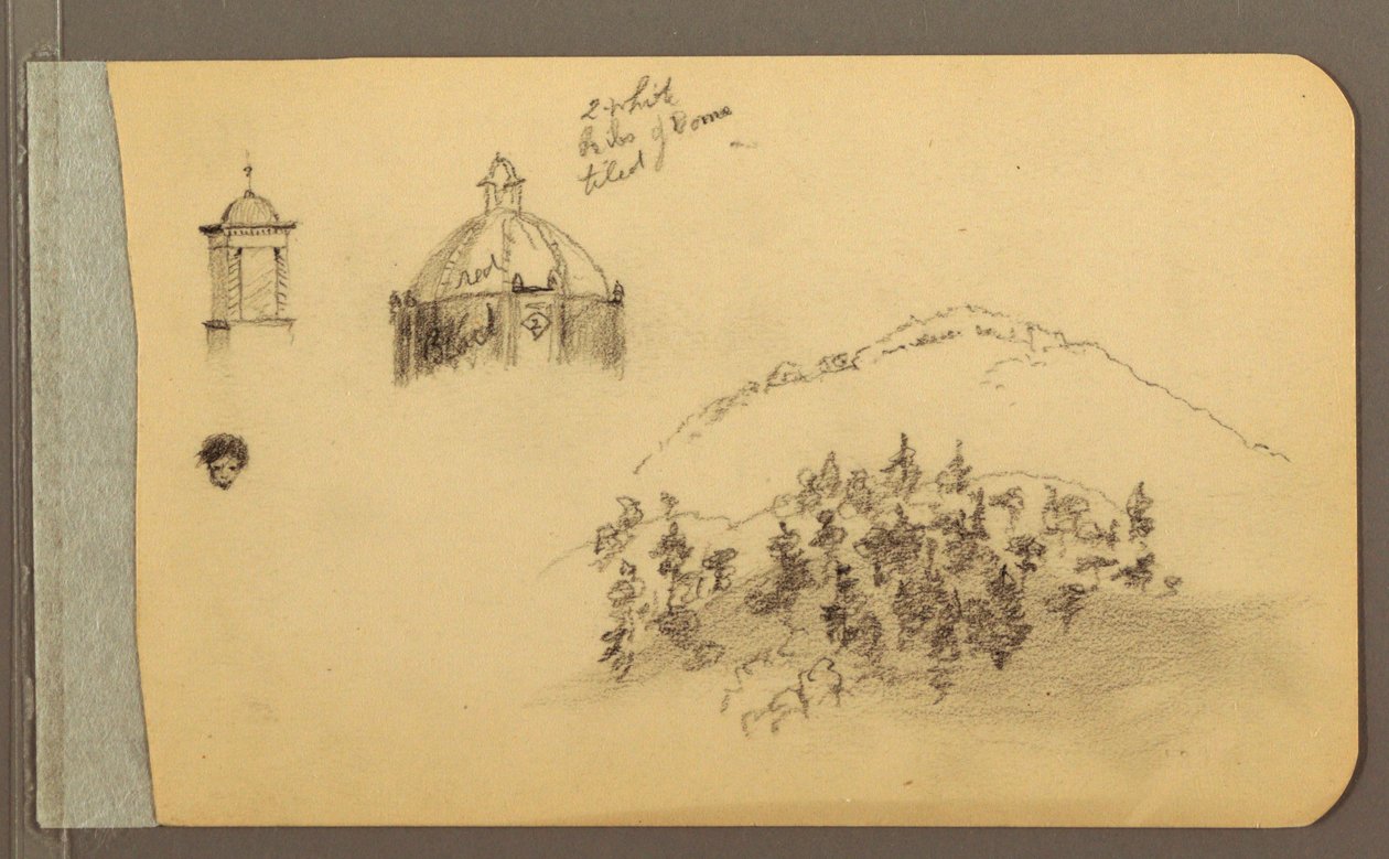 Tekening, torenspits, koepel, hoofd, heuvels, 1889 door Frederic Edwin Church
