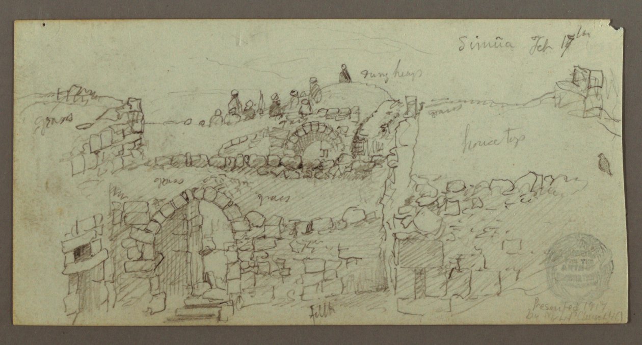 Tekening, stenen gebouw, mannen verzameld op het dak, 17 februari, mogelijk 1868 door Frederic Edwin Church